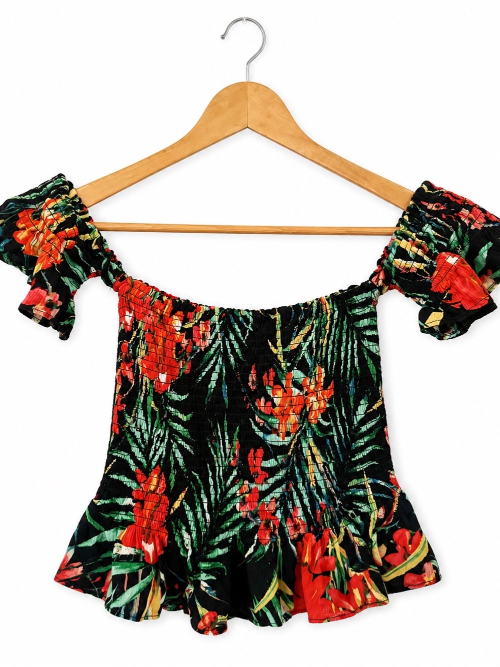 Mind Code Black Off-Shoulder Smocked Crop Top with Red & Green Floral Print